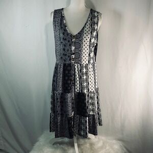 LOVEU.DEAR Black White Patchwork Floral Polka Dot Tiered Midi Dress Large